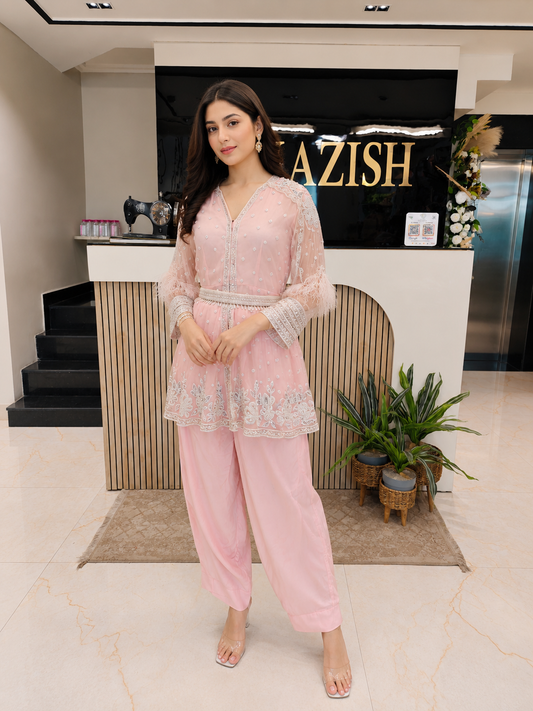 Baby Pink Indo Western Set
Designer Cape Set Women
Kutdana Sequins Work Outfit
Contemporary Wedding Wear India
Luxury Fusion Wear Women