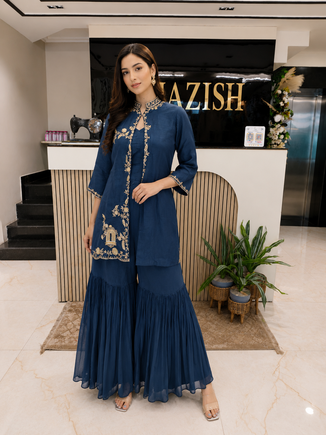 Navy Blue Sharara Set
Designer Indo Western Women
Kutdana Dabka Work Outfit
Contemporary Wedding Wear India
Luxury Fusion Wear Women