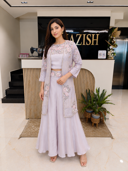 Lavender Indo Western Set
Designer Palazzo Set Women
Kutdana Sequins Work Outfit
Contemporary Wedding Wear India
Luxury Fusion Wear Women