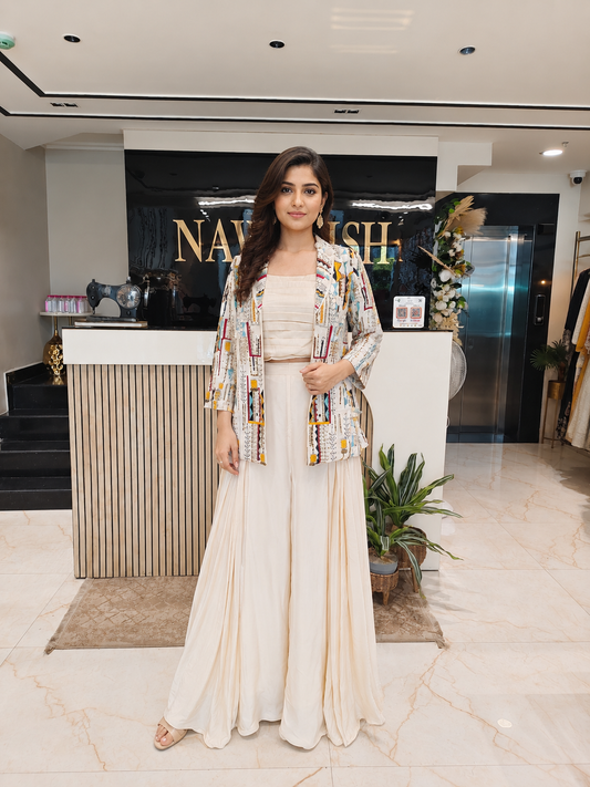 Cream Indo Western Set
Designer Palazzo Set Women
Resham Kutdana Work Outfit
Contemporary Wedding Wear India
Luxury Fusion Wear Women