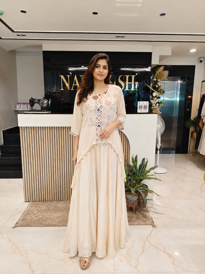 Cream Indo Western Set
Designer Palazzo Set Women
Mirror Work Fusion Outfit
Contemporary Wedding Wear India
Luxury Fusion Wear Women