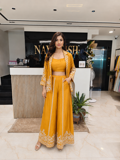 Mustard Indo Western Set
Designer Palazzo Set Women
Resham Zari Work Outfit
Contemporary Wedding Wear India
Luxury Fusion Wear Women