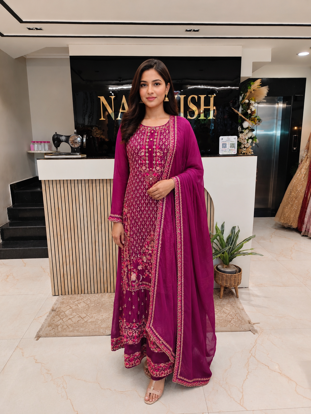 Wine Anarkali Skirt Set
Designer Chinon Anarkali
Kutdana Zari Work Outfit
Wedding Wear Anarkali India
Luxury Festive Wear Women