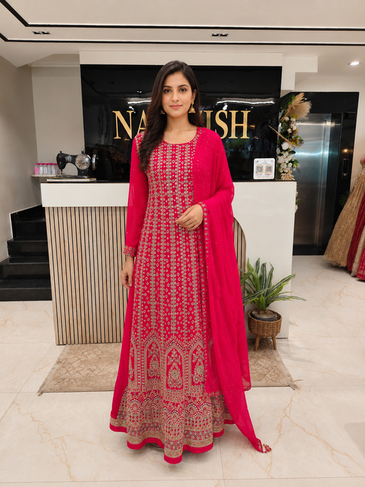 Red Anarkali Palazzo Set
Designer Georgette Anarkali
Kutdana Sequins Work Outfit
Wedding Wear Anarkali India
Luxury Festive Wear Women