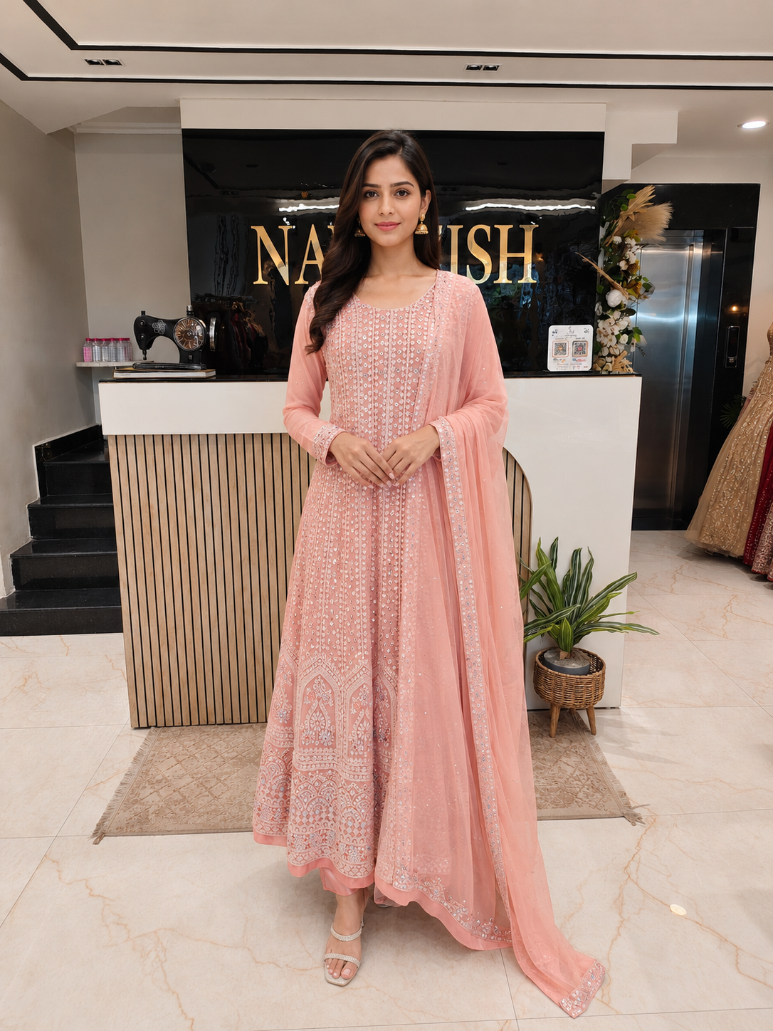 Peach Anarkali Palazzo Set
Designer Georgette Anarkali
Kutdana Sequins Work Outfit
Wedding Wear Anarkali India
Luxury Festive Wear Women