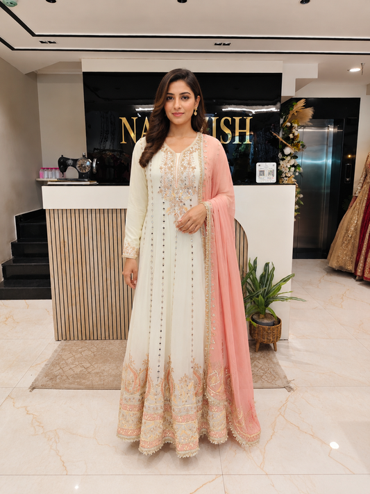Cream Peach Anarkali
Designer Chinon Anarkali
Gota Patti Work Outfit
Wedding Wear Anarkali India
Luxury Festive Wear Women
