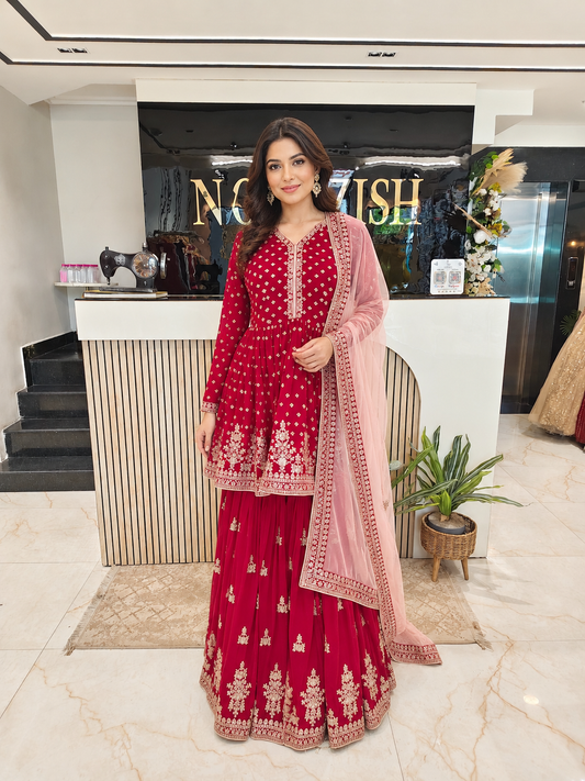 Peach Maroon Anarkali Set
Designer Garara Set Women
Resham Zari Work Outfit
Wedding Wear Anarkali India
Luxury Festive Wear Women