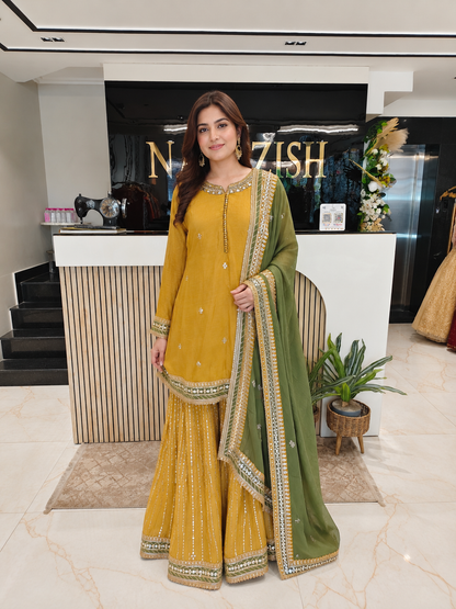 Yellow Anarkali Sharara Set
Designer Tissue Anarkali
Mirror Work Ethnic Outfit
Wedding Wear Anarkali India
Luxury Festive Wear Women