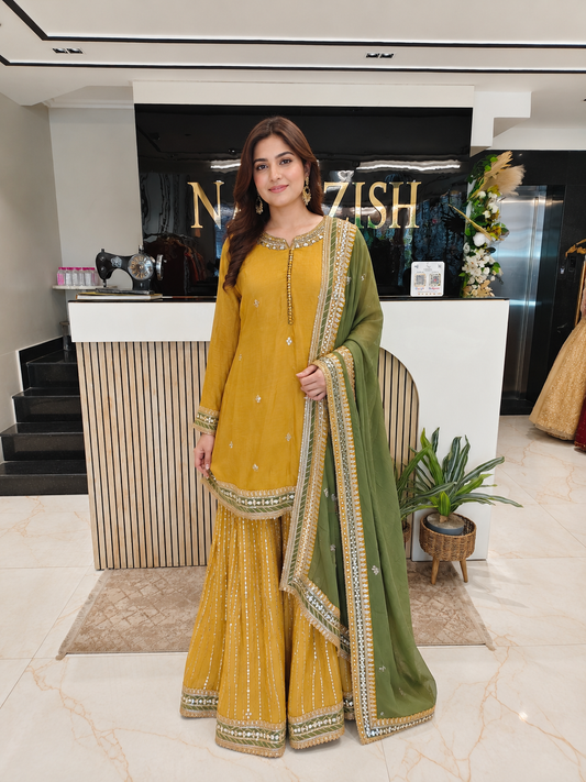 Yellow Anarkali Sharara Set
Designer Tissue Anarkali
Mirror Work Ethnic Outfit
Wedding Wear Anarkali India
Luxury Festive Wear Women