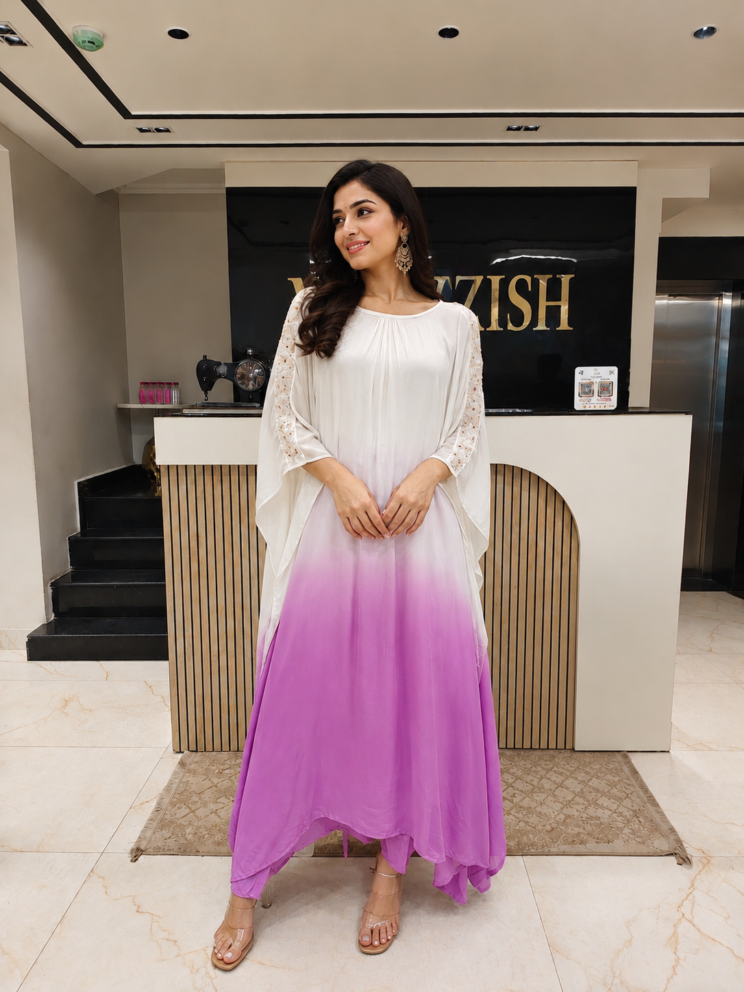 White Purple Kaftan Set
Designer Kaftan Women
Kutdana Work Ethnic Outfit
Contemporary Fusion Wear India
Luxury Festive Wear Women