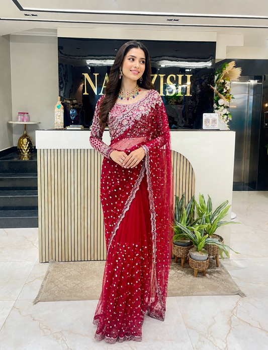 Maroon Net Saree
Sequins Zarkan Work Saree
Designer Party Wear Saree
Wedding Wear Net Saree
Heavy Embroidery Saree India