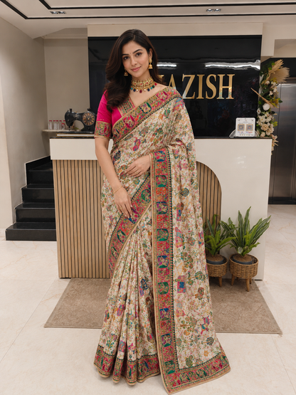 Cream Silk Designer Saree