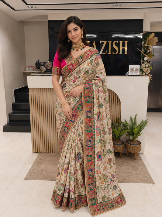 Cream Silk Designer Saree