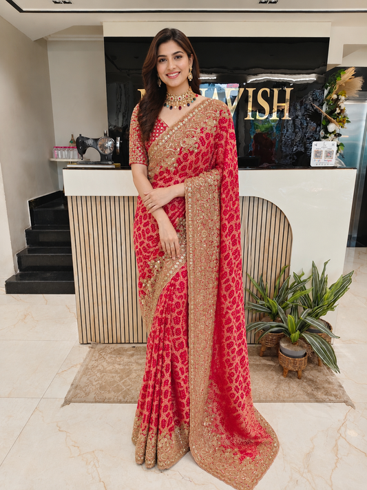 Rani Pink Designer Saree
Khaddi Georget Saree with Zarkan Work
Luxury Wedding Saree India
Sequins Kutdana Zari Saree
Bridal Party Wear Saree Lucknow