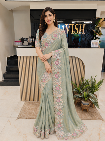 • Sea Green Tissue Saree
• Designer Tissue Saree India
• Zarkan Work Saree
• Luxury Wedding Saree Lucknow
• Resham Kutdana Saree