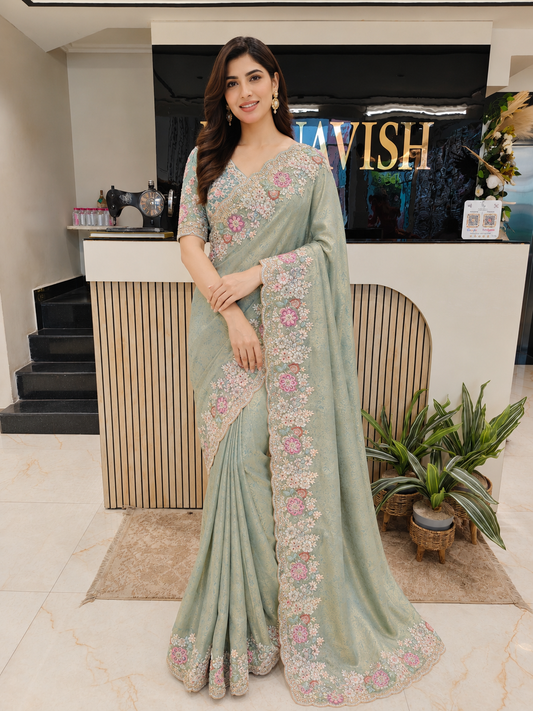 • Sea Green Tissue Saree
• Designer Tissue Saree India
• Zarkan Work Saree
• Luxury Wedding Saree Lucknow
• Resham Kutdana Saree