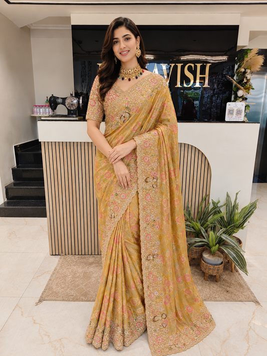 Mustard Gold Tissue Saree
• Designer Tissue Saree India
• Zarkan Work Saree
• Luxury Wedding Saree Lucknow
• Handwork Resham Kutdana Saree