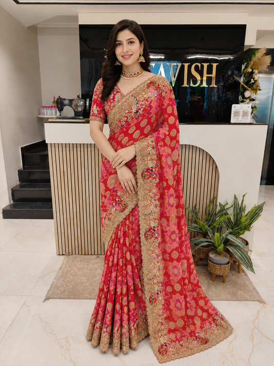 Red Designer Georget Saree
• Handloom Work Saree India
• Birds Motif Saree
• Luxury Wedding Saree Lucknow
• Sequins Kutdana Zari Saree