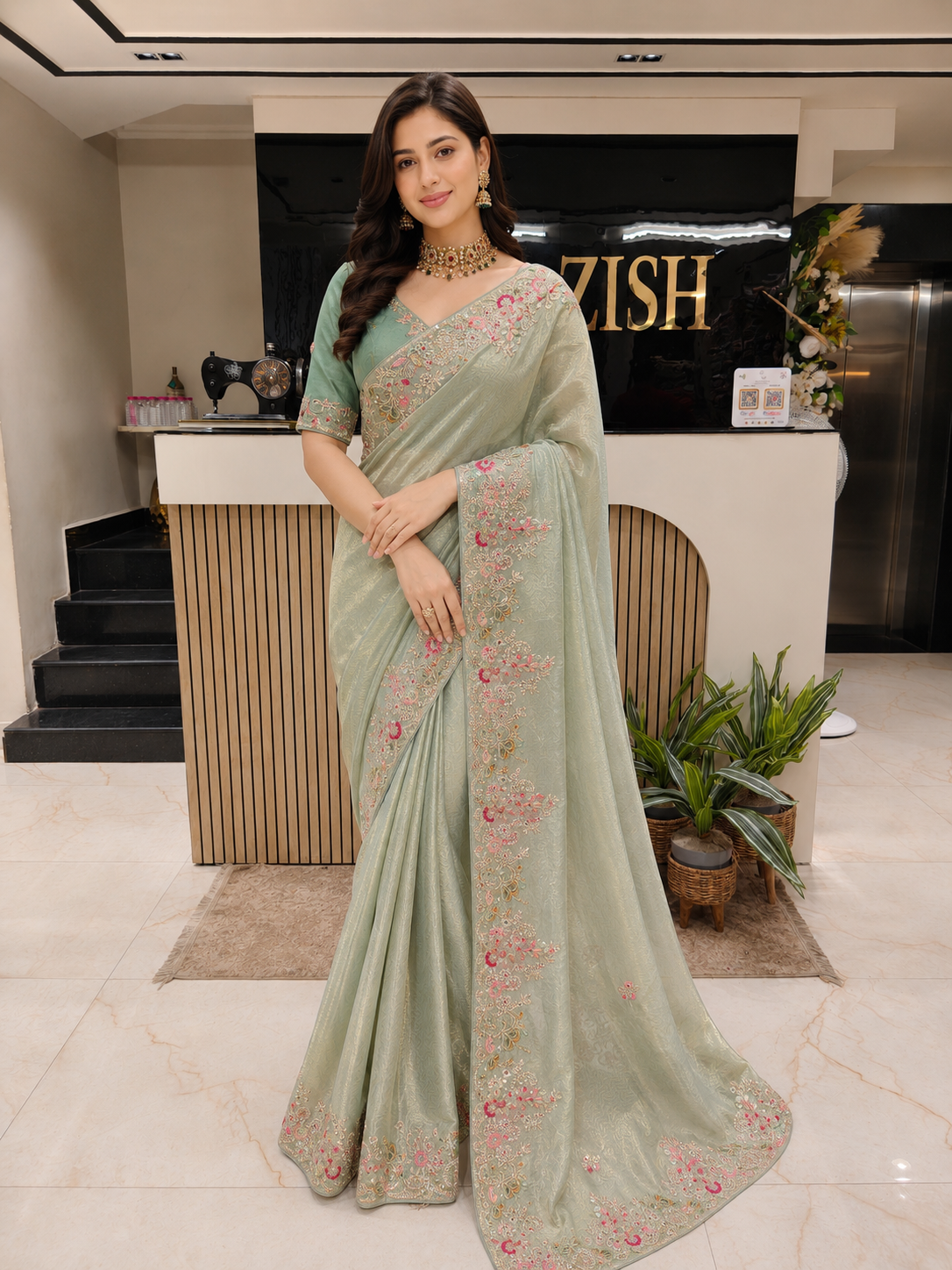 Sea Green Tissue Designer Saree