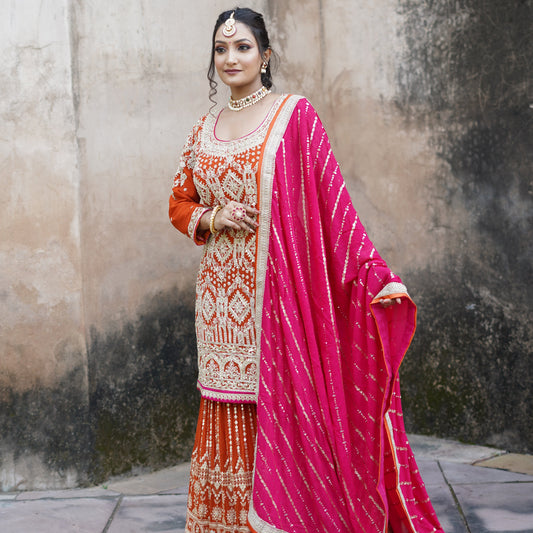 Surkh-Saaz – Hand Embellished Rust Garara Set with Rani Pink Dupatta