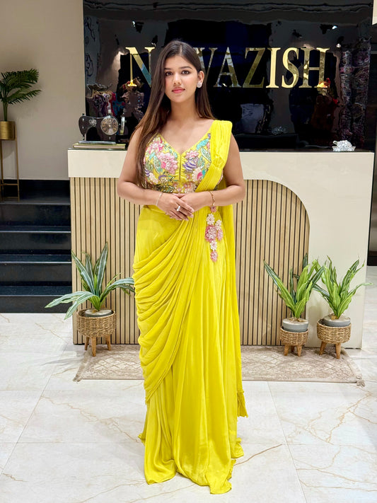 Neon Elegance: Hand-Embellished Drape Sari