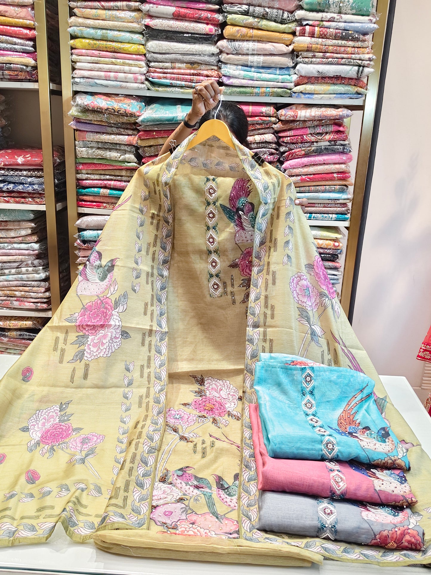 Chanderi Birds Flower Suit
Designer Chanderi Unstitched Suit
Handwork Knot Work Dress Material
Birds Motif Chanderi Suit for Women
Festive Chanderi Suit with Dupatta