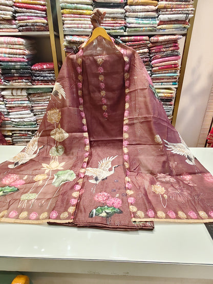 Stylish Linen Unstitched Suit with Bird Motif Print & Printed Dupatta