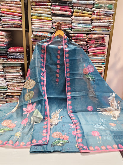 Stylish Linen Unstitched Suit with Bird Motif Print & Printed Dupatta