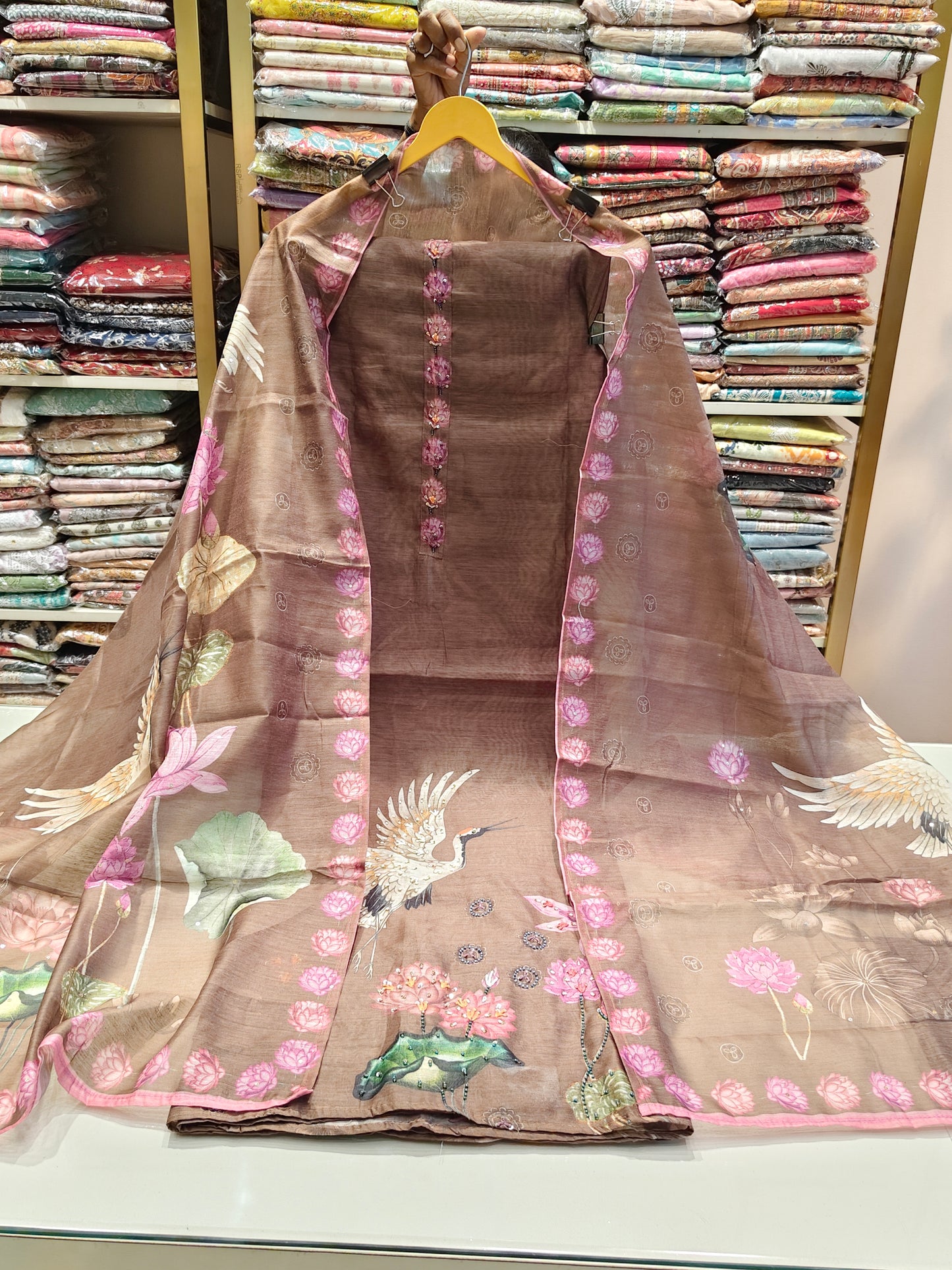 Stylish Linen Unstitched Suit with Bird Motif Print & Printed Dupatta