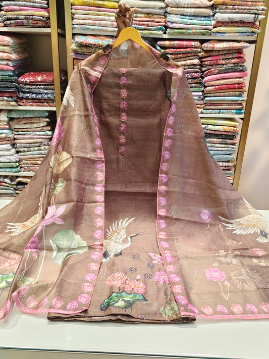 Stylish Linen Unstitched Suit with Bird Motif Print & Printed Dupatta