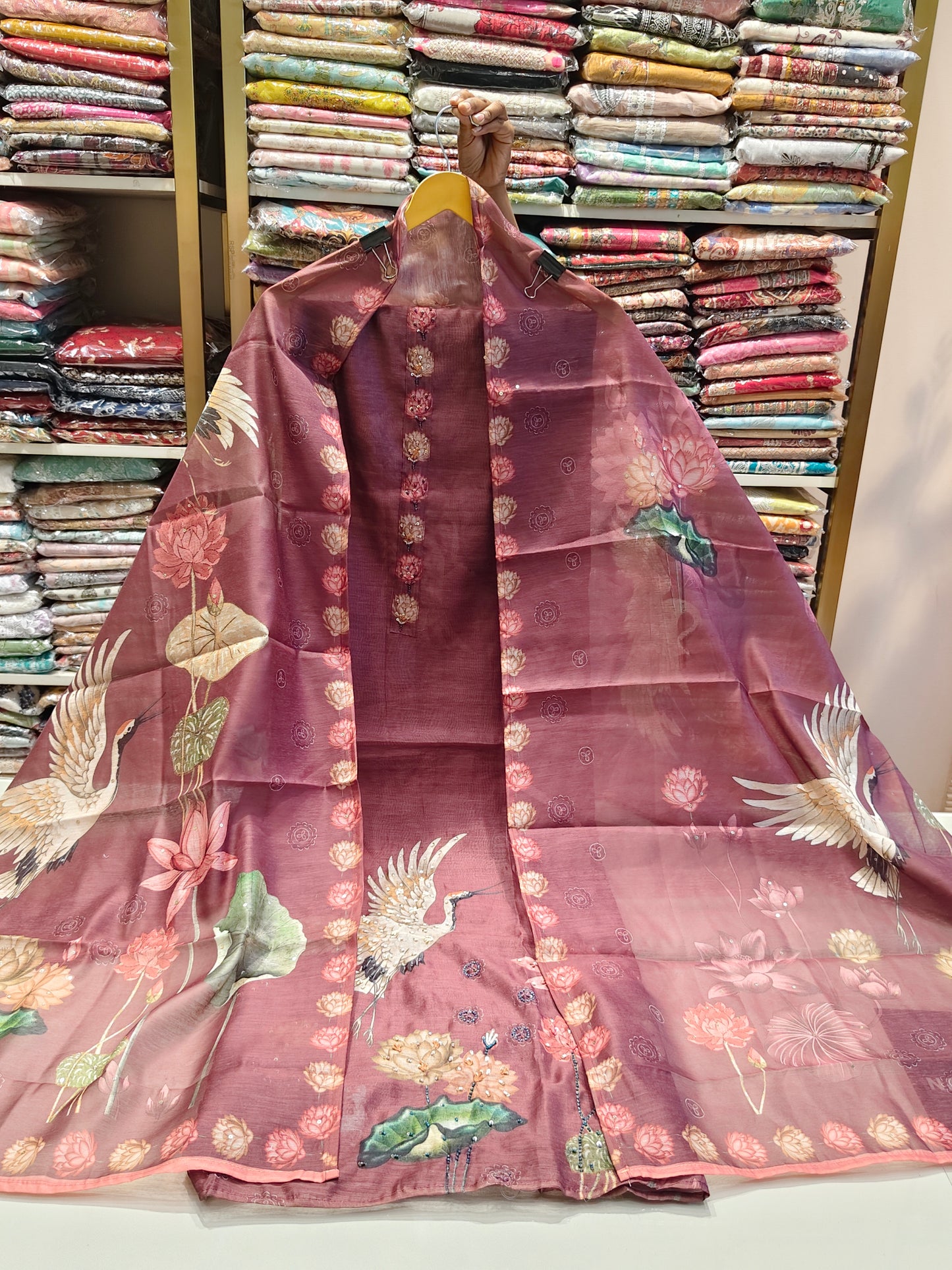 Stylish Linen Unstitched Suit with Bird Motif Print & Printed Dupatta
