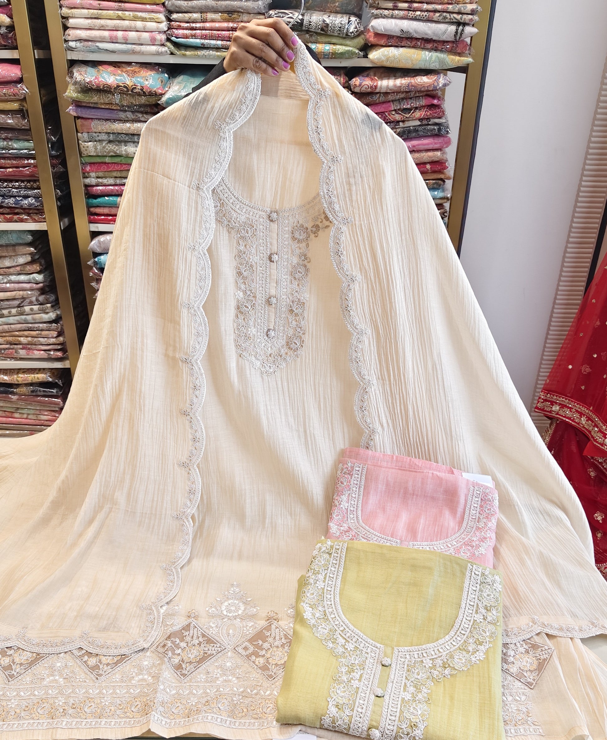 Chanderi Dori Resham Work Suit
Unstitched Chanderi Dress Material
Designer Suit with Scallop Dupatta
Festive Wear Chanderi Suit Set
Cotton Bottom Chanderi Suit