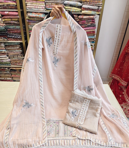 Mul Cotton Birds Motif Suit
Resham Patch Work Unstitched Suit
Designer Mul Cotton Dress Material
Bird Motif Cotton Suit for Women
Mul Cotton Suit with Lace Dupatta