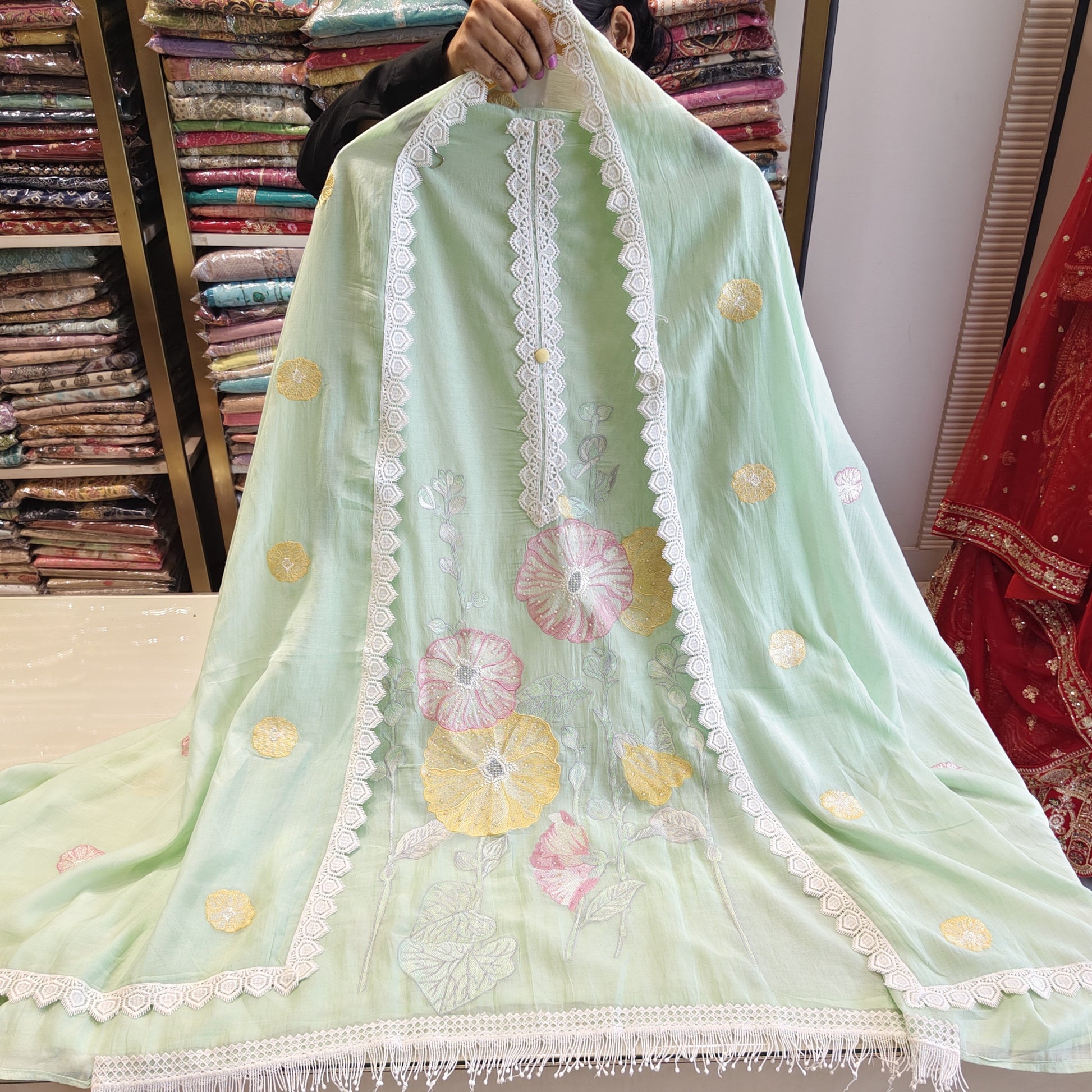 Mul Cotton Resham Flower Suit
Unstitched Mul Cotton Dress Material
Designer Resham Work Cotton Suit
Muslin Bottom Suit for Women
Mul Cotton Suit with Lace Dupatta