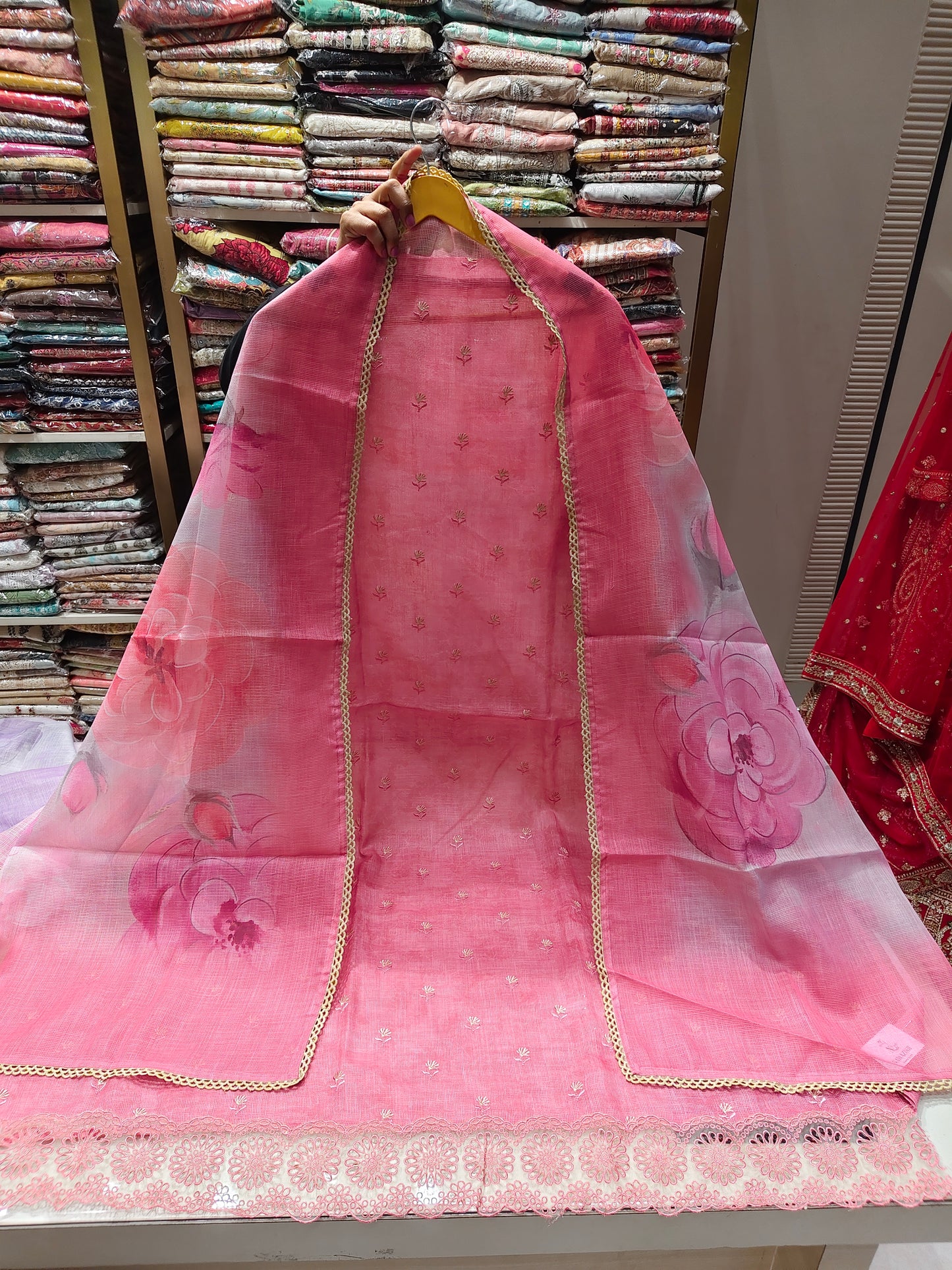 Kota Cotton Unstitched Suit with Resham Flower Cutwork