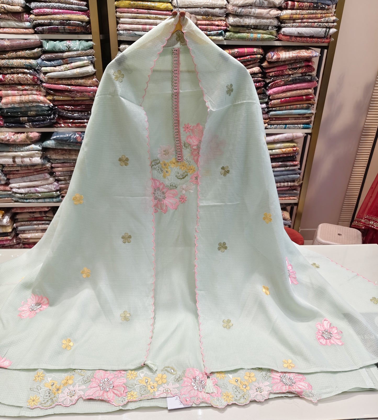 Kota Cotton Unstitched Suit with Resham Flower