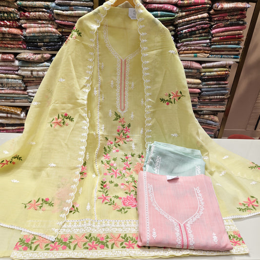Kota Cotton Unstitched Suit
Resham Flower Work Dress Material
Sequins Work Cotton Suit for Women
Designer Kota Suit with Scallop Dupatta
Unstitched Suit with Lace Work Dupatta