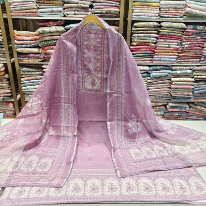 Linen Flower Print Handwork Suit