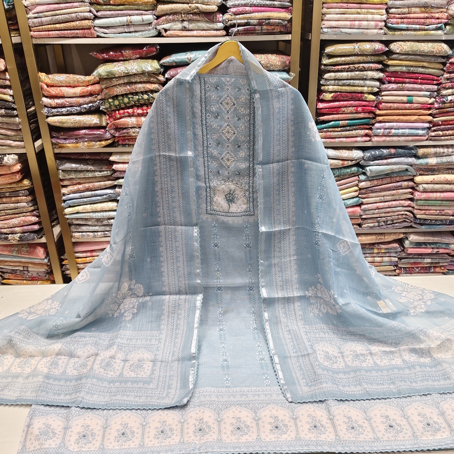 Linen Flower Print Handwork Suit