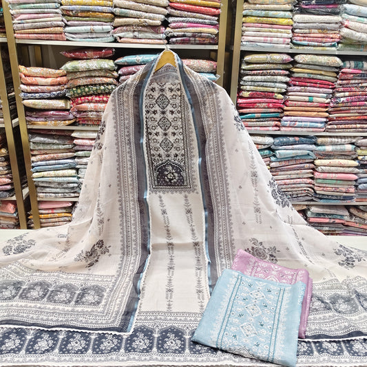 Linen Flower Print Handwork Suit