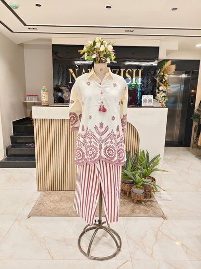 Cream Linen Co-Ord Set for Women
Linen Co-Ord Set with Resham Work
Designer Cream Co-Ord Set for Ladies
Stylish Linen Co-Ord Set for Festive Wear
Elegant Women's Linen Co-Ord Set