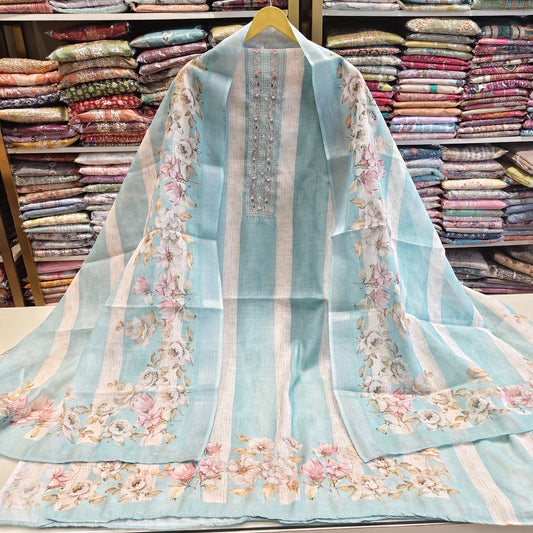 Linen Flower Print Dabka Cutdana Suit
Designer Linen Unstitched Suit Set
Floral Print Linen Dress Material
Dabka Work Linen Suit with Dupatta
Festive Wear Linen Cotton Suit