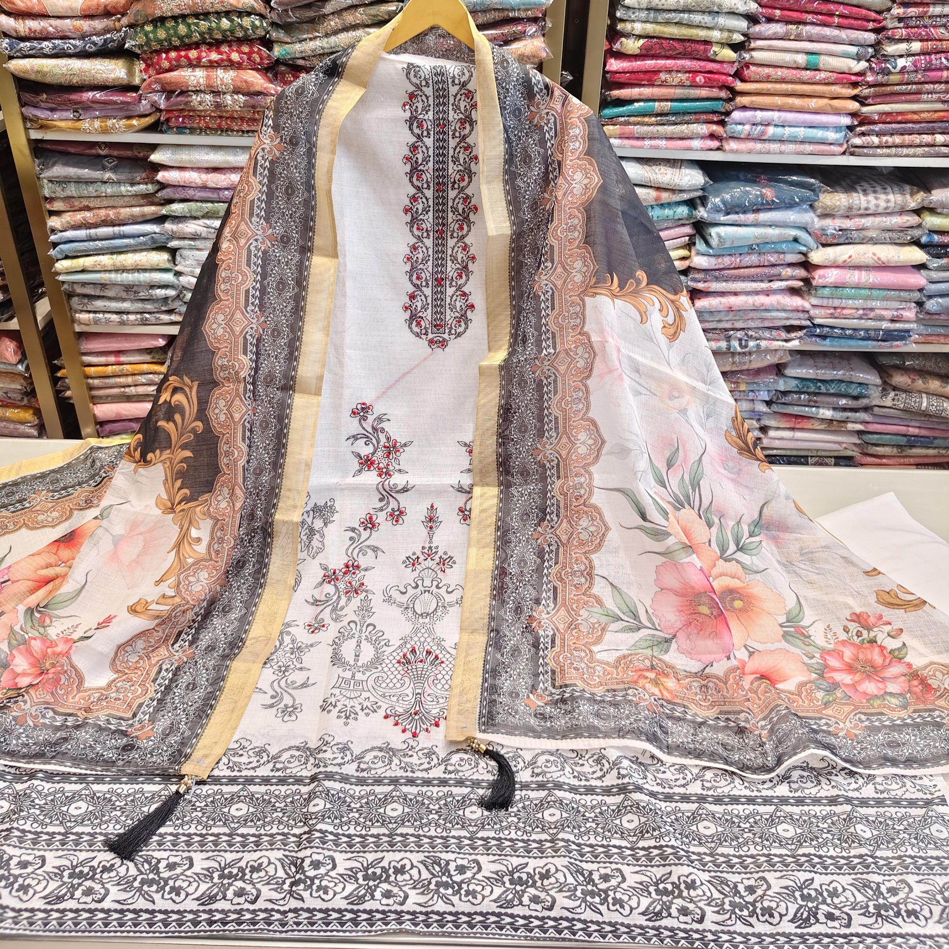 White Linen Flower Print Knot Work Suit
Designer White Linen Unstitched Suit Set
Floral Print Linen Dress Material
White Linen Suit with Dupatta
Festive Wear Linen Cotton Suit