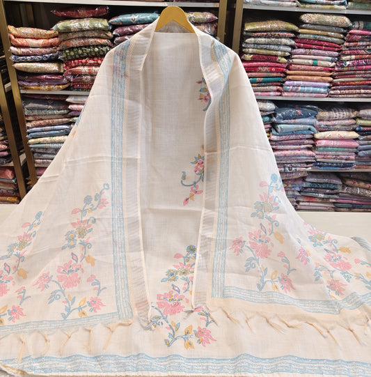 Cream Linen Flower Print Dabka Suit
Designer Linen Unstitched Suit Set
Floral Print Linen Dress Material
Dabka Work Linen Suit with Dupatta
Festive Wear Cream Linen Cotton Suit