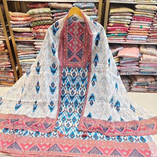 Blue Linen Mirror Work Suit
Designer Linen Unstitched Suit Set
Mirror Work Linen Dress Material
Blue Printed Linen Suit with Dupatta
Festive Wear Linen Cotton Suit