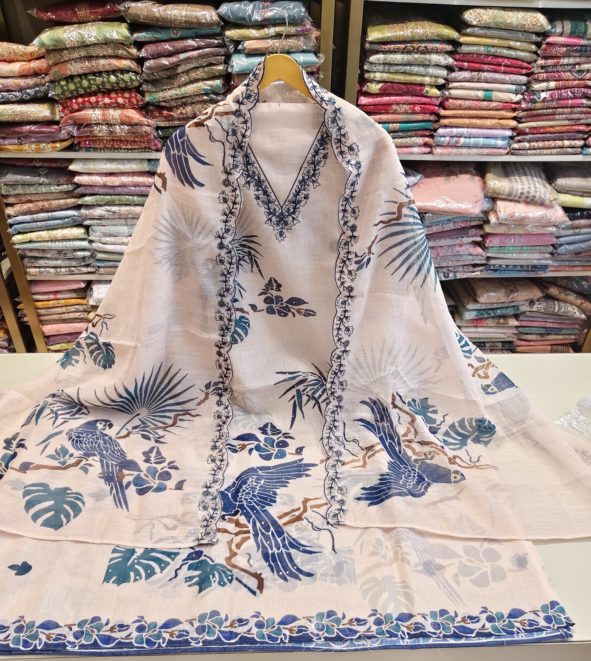 Cream Birds Motif Resham Suit
Designer Linen Unstitched Suit Set
Birds Motif Printed Linen Dress Material
Linen Suit with Resham Sequeins Work
Festive Wear Cream Linen Suit
