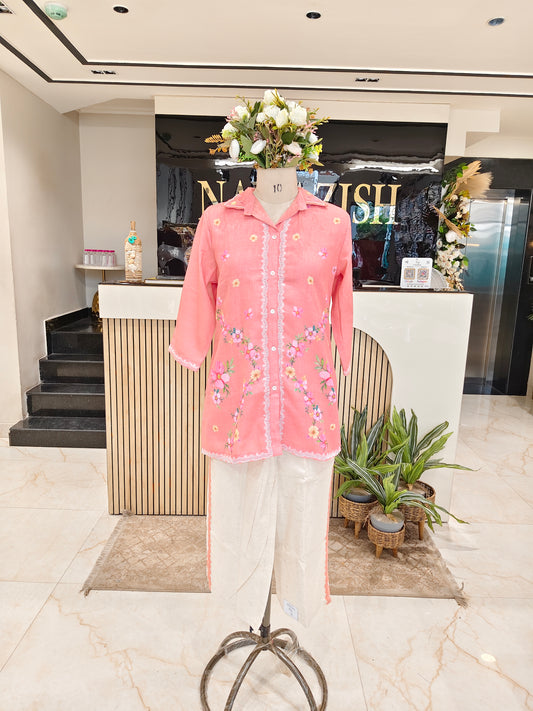 Peach Off White Linen Co-Ord Set
Floral Printed Co Ord Set Women
Scallop Palazzo Co Ord Set
Linen Designer Co Ord Outfit
Thread Work Stylish Co Ord Set