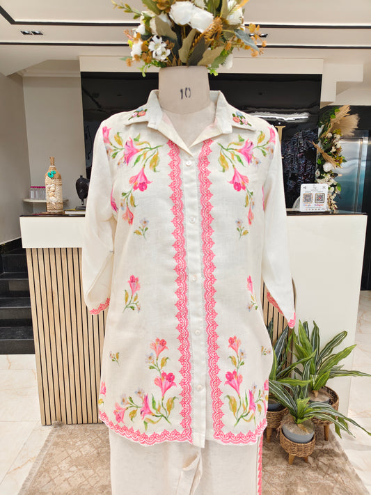 Cream Linen Floral Co-Ord Set with Pullwork