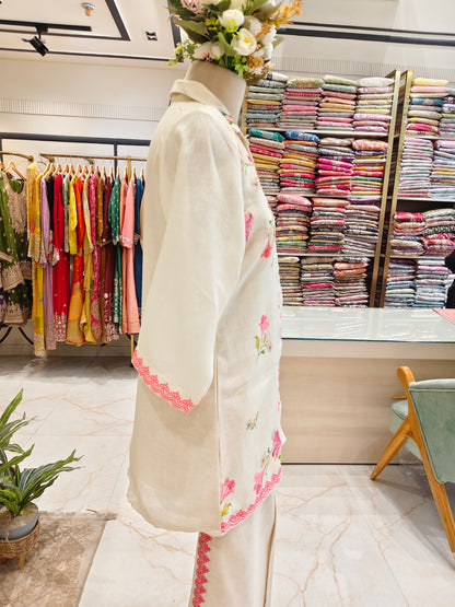 Cream Linen Floral Co-Ord Set with Pullwork