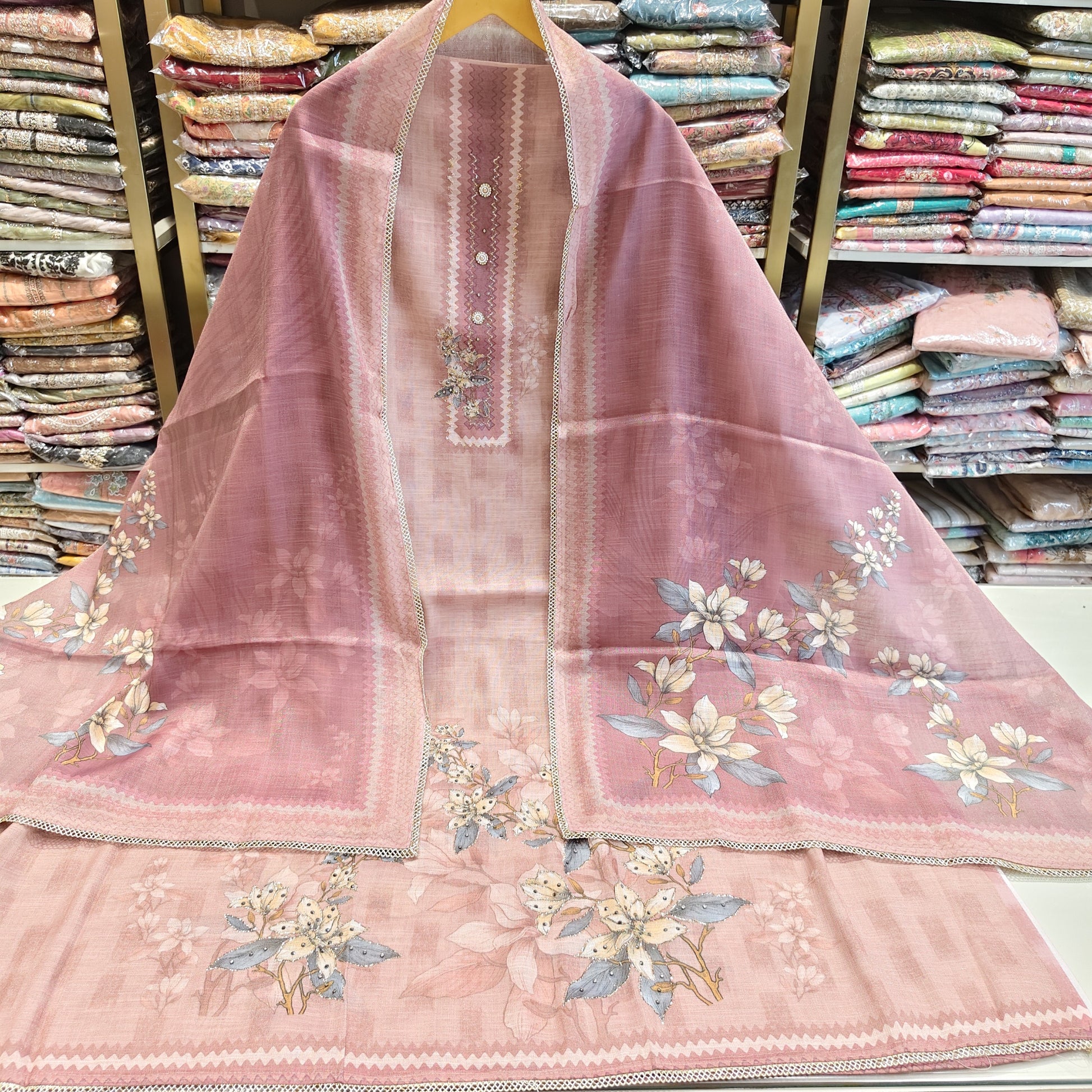 Onion Pink Stone Work Linen Suit
Designer Linen Unstitched Suit Set
Flower Print Linen Dress Material
Stone Work Linen Suit with Dupatta
Festive Wear Onion Pink Linen Suit
